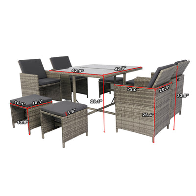 9 PCS Indoor Outdoor Wicker Dining Set Furniture, Patio Rattan Furniture Set with Glass Tabletop and Stackable Armrest Chairs, All Weather Wicker Sectional Conversation Set with Cushions