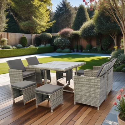 9 PCS Indoor Outdoor Wicker Dining Set Furniture, Patio Rattan Furniture Set with Glass Tabletop and Stackable Armrest Chairs, All Weather Wicker Sectional Conversation Set with Cushions