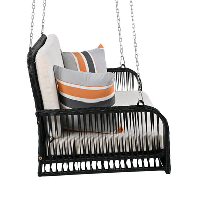 SEGMART 2 Person Wicker Hanging Swing Bench, Front Porch Swing Outdoor Chair with Cushion and Pillow, Patio Furniture Swing for Deck, Backyard, Garden