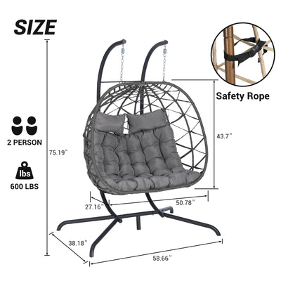 SEGMART 2-Person Hanging Swing Chair with Stand, Double Hanging Egg Chair with Cushion and Pillow, Foldable Wicker Rattan Patio Basket Hanging Chair for Indoor Outdoor Garden