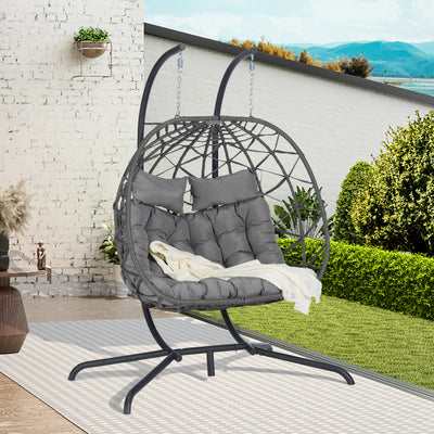 SEGMART 2-Person Hanging Swing Chair with Stand, Double Hanging Egg Chair with Cushion and Pillow, Foldable Wicker Rattan Patio Basket Hanging Chair for Indoor Outdoor Garden