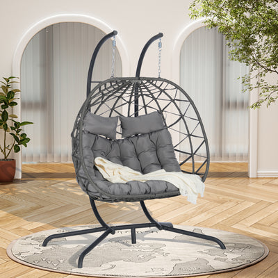 SEGMART 2-Person Hanging Swing Chair with Stand, Double Hanging Egg Chair with Cushion and Pillow, Foldable Wicker Rattan Patio Basket Hanging Chair for Indoor Outdoor Garden