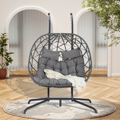 SEGMART 2-Person Hanging Swing Chair with Stand, Double Hanging Egg Chair with Cushion and Pillow, Foldable Wicker Rattan Patio Basket Hanging Chair for Indoor Outdoor Garden