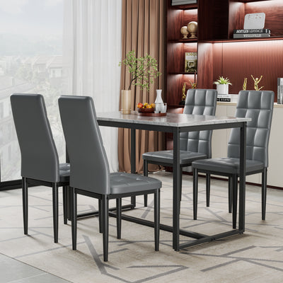 5 Piece Kitchen Dining Table and Chair Set, Dining Room Table Set with Faux Marble Tabletop PU Leather Padded Chairs, Rectangle Dining Table Set for 4, Dinette Set for Kitchen Dining Room Small Space