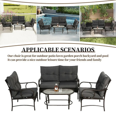 4-Piece Outdoor Sectional Sofa Set, Wicker Conversation Sets with Arm Chairs, Tempered Glass Table, Cushions, All-Weather Rattan Patio Furniture Sets for Backyard Garden Pool