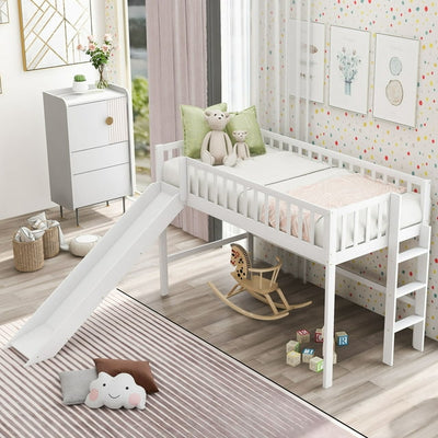 SEGMART Loft Bed Frame Bedroom Furniture, Modern Twin-Size Kids Low Wood Loft Bed with Ladder and Slide, Sturdy Mattress Foundation Bedroom with Storage Shelves, White, SS1161
