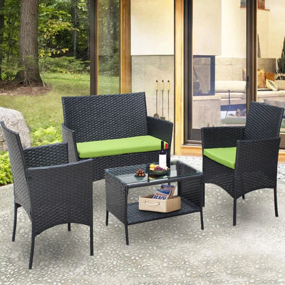 4-Piece Outdoor Sectional Sofa Set, Wicker Conversation Sets with Arm Chairs, Tempered Glass Table, Cushions, All-Weather Rattan Patio Furniture Sets for Backyard Garden Pool