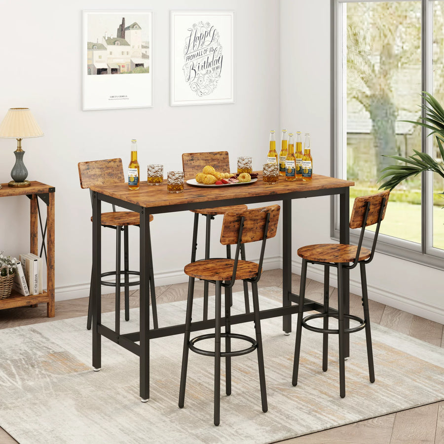 5 Pieces Bar Table Set, Industrial Style Dining Table Set with 4 Stools, Counter Height Dining Table and Chairs Set, Metal Frame and Wood Top Table Kitchen Furniture Set for Dining Room, B1537