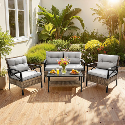4-Piece Outdoor Sectional Sofa Set, Wicker Conversation Sets with Arm Chairs, Tempered Glass Table, Cushions, All-Weather Rattan Patio Furniture Sets for Backyard Garden Pool
