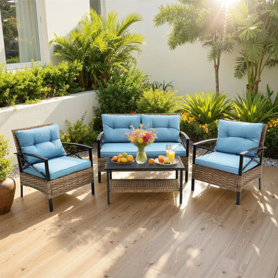 4-Piece Outdoor Sectional Sofa Set, Wicker Conversation Sets with Arm Chairs, Tempered Glass Table, Cushions, All-Weather Rattan Patio Furniture Sets for Backyard Garden Pool