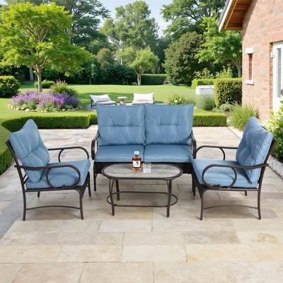 4-Piece Outdoor Sectional Sofa Set, Wicker Conversation Sets with Arm Chairs, Tempered Glass Table, Cushions, All-Weather Rattan Patio Furniture Sets for Backyard Garden Pool