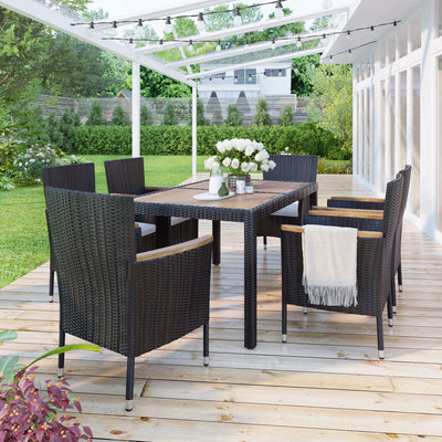 7 Piece Outdoor Wicker Dining Set, Patio Dining Table Set for 6 Persons, Garden Patio Rattan Dining Furniture Set with Beige Cushions, Dining Table Chairs Conversation Set for Deck Patio, B898
