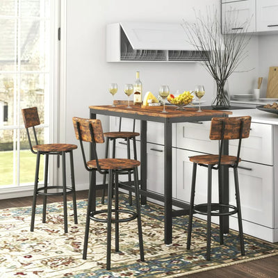 5 Pieces Bar Table Set, Industrial Style Dining Table Set with 4 Stools, Counter Height Dining Table and Chairs Set, Metal Frame and Wood Top Table Kitchen Furniture Set for Dining Room, B1535