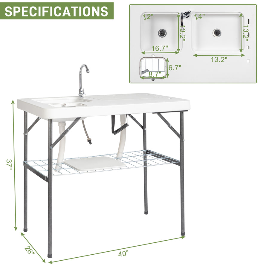 SEGMART Folding Camping Table with Faucet and Dual Water Basins, Outdoor Fish Cleaning Table Sink Station with Sink Faucet and Grill for Picnic, Fishing, 40", White