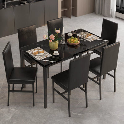 7 Piece Kitchen Dining Table & Chair Set, Dining Room Table Set with Faux Marble Tabletop PU Leather Chairs, Rectangle Dining Table Set for 6, Dinette Set for Kitchen Dining Room Small Space