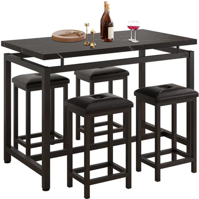 5 Piece Bar Table Set, Kitchen Counter Height Table with 4 Stools, Space Saving, for 4 Persons with Metal Frame, Wood Dining Table & Chair Set for Breakfast Nook Pub Bistro