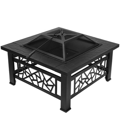 Segmart Fire Pit for Outside, 32" Wood Burning Square Fire Pits Table with Poker for Outdoor Backyard BBQ Heating, Black