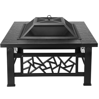 Segmart Fire Pit for Outside, 32" Wood Burning Square Fire Pits Table with Poker for Outdoor Backyard BBQ Heating, Black