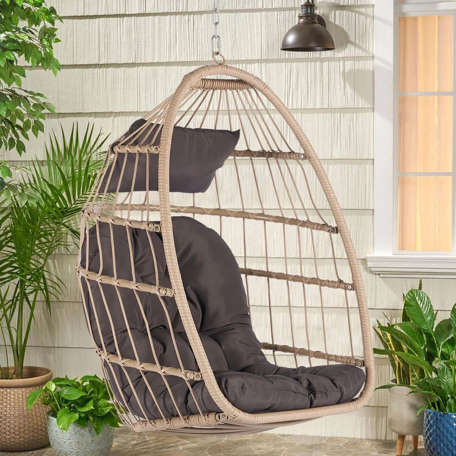 Hanging Egg Chair, Indoor Outdoor Swing Egg Chair Without Stand, Wicker Hammock Chair Swing with Cushion & Hanging Chain, Hanging Lounge Chair for Patio Backyard Balcony Garden Bedroom