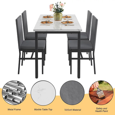 5 Piece Marble Top Dining Table Set for 4, Rectangular Table and 4 High-Back Velvet Padded Chairs, Small Space Dining Set, Home Kitchen Apartment Dining Room Bar Furniture