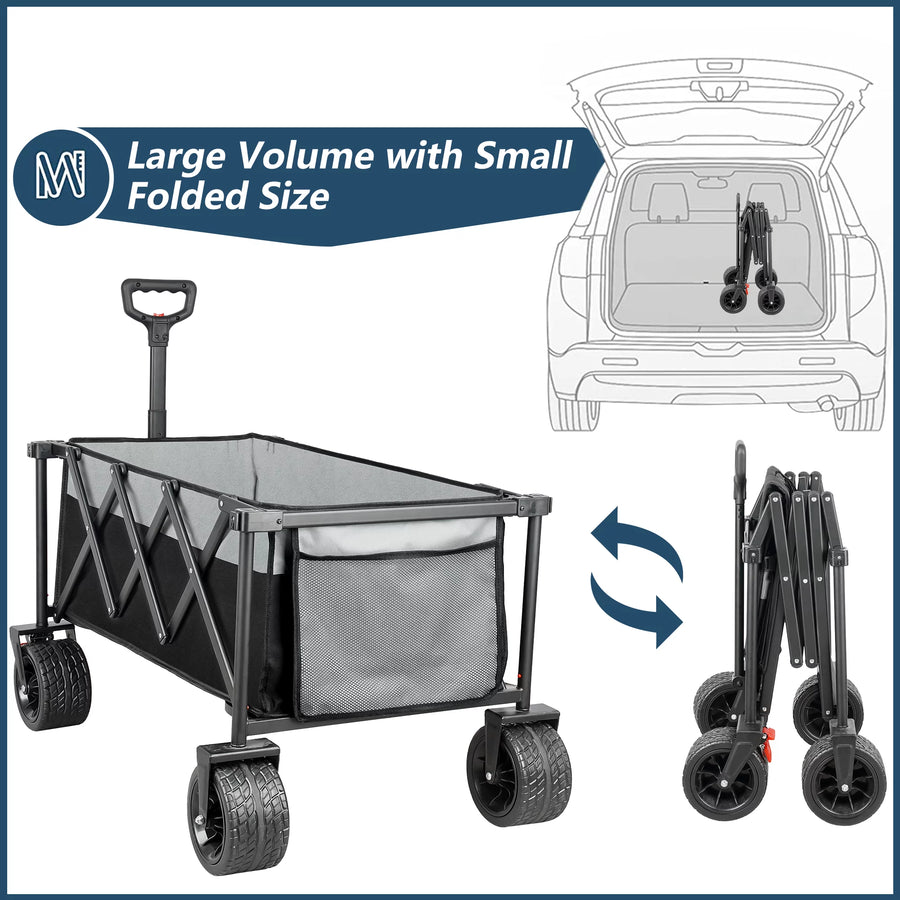 Folding Grocery Cart with Wheels, Heavy Duty Utility Wagon Cart with All-Terrain Wheels, Bottle Holders & Tail Bag, Portable Beach Wagon Cart for Shopping, Camping, Picnic, 220lbs Weight Capacity