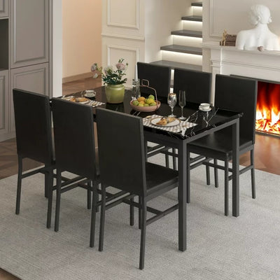 Dining Table with 6 High-back Upholstered Chairs, Modern Dinette Set, Dining Table and Chairs Set for 6 Persons, Small Home Kitchen Dining Table Set, Ideal for Apartment Breakfast Nook Bar, B1464