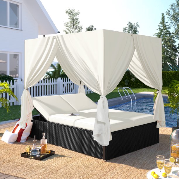 Patio Daybed, Outdoor Wicker Furniture Set with Four-Sided Canopy and Overhead Curtains, Outdoor Sofa Set w/Adjustable Seat for Patio Deck Poolside Garden Backyard