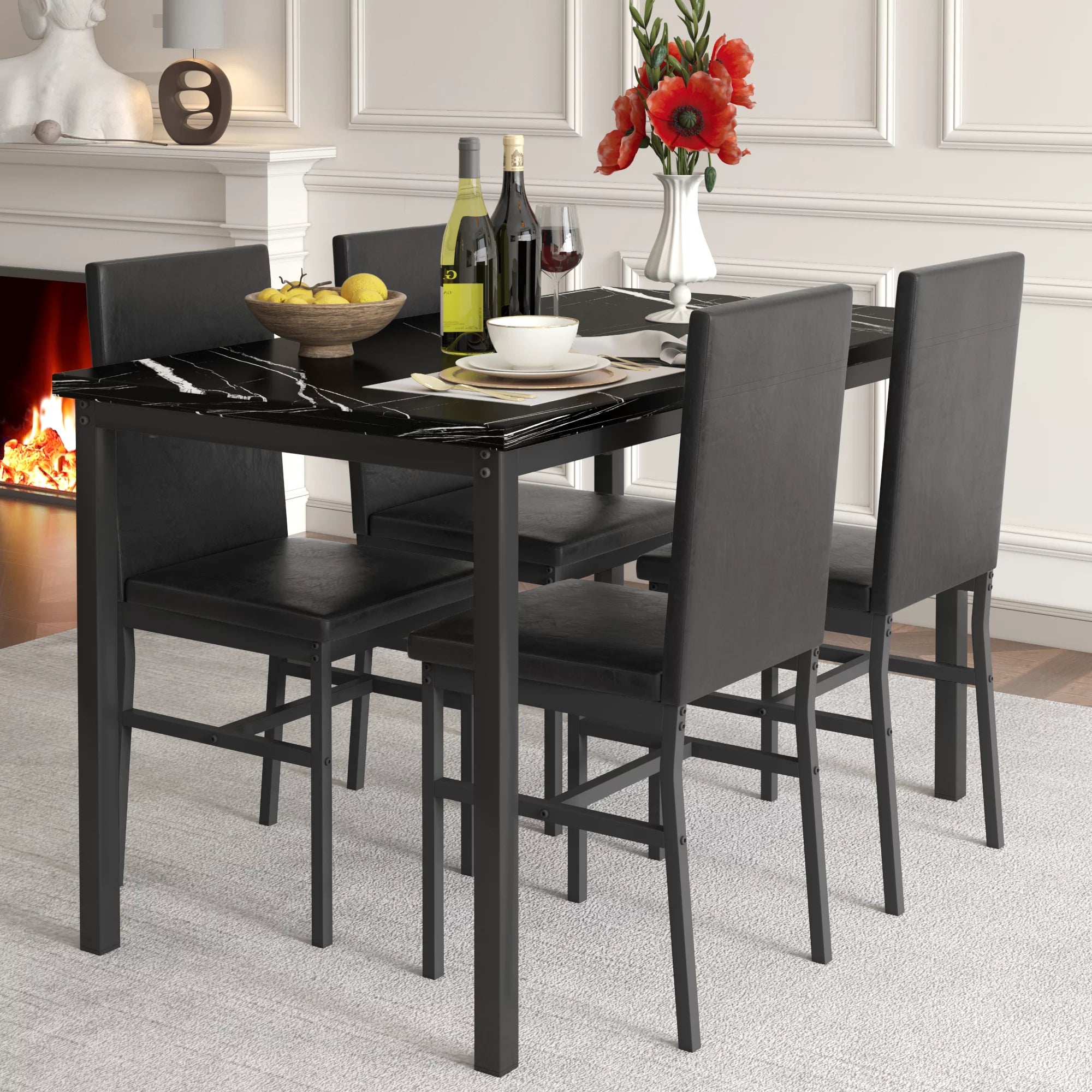 5 Piece Dining Table Set Modern Faux Marble Tabletop and 4 PU Leather SEGMART