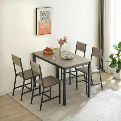 5 Pieces Dining Room Set, Industrial Style Dining Table Set with 4 PU Upholstered Chairs, Dining Table and Chairs Set, Metal Frame and Wood Top Table Kitchen Furniture Set for Dining Room