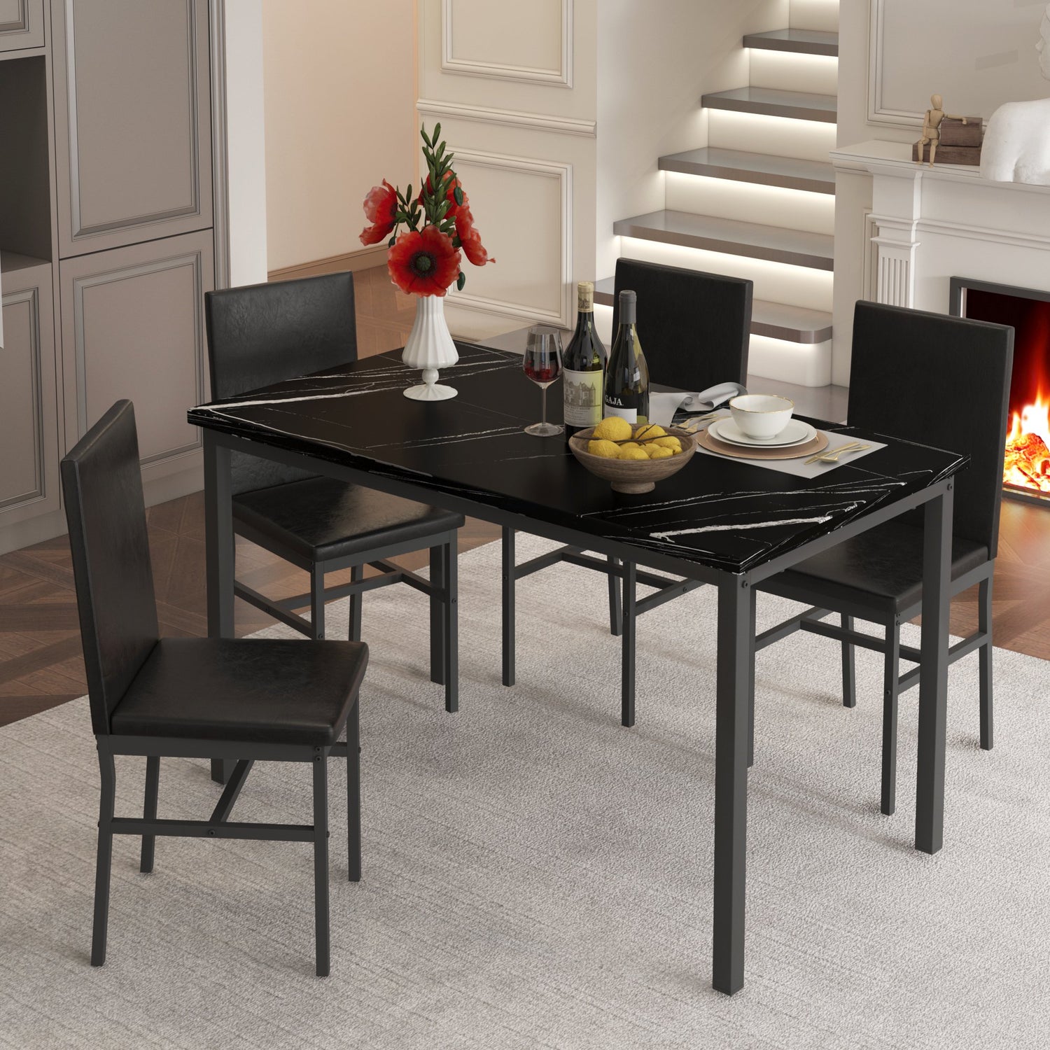 5 Piece Dining Table Set, Modern Faux Marble Tabletop and 4 PU Leather ...