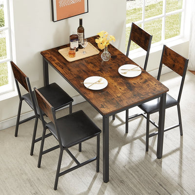 5 Pieces Dining Room Set, Industrial Style Dining Table Set with 4 PU Upholstered Chairs, Dining Table and Chairs Set, Metal Frame and Wood Top Table Kitchen Furniture Set for Dining Room
