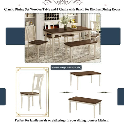 Wood Dining Table and Chair Set of 6, Dining Room Set for 6 Persons with Bench, Rectangular Kitchen Table with 4 Microfiber Padded Chairs Plus One Upholstered Bench, Farmhouse Kitchen Table Set, B1382