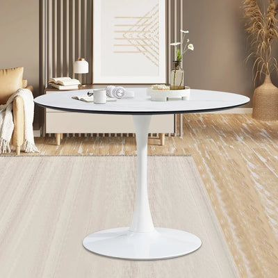 Modern White Dining Table, Breakfast Nook Dining Table, Mid Century Coffee Tea Table, Leisure Living Room Bistro Bar Table, Tulip Round Table for Small Space Dining Room Cafe Bar, Easy Assembly, K2045