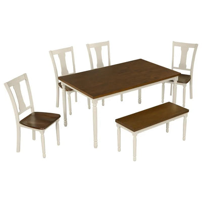 Wood Dining Table and Chair Set of 6, Dining Room Set for 6 Persons with Bench, Rectangular Kitchen Table with 4 Microfiber Padded Chairs Plus One Upholstered Bench, Farmhouse Kitchen Table Set, B1382