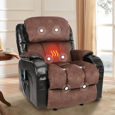 Leather Massage Recliner Chair, Modern Electric Power Rocker with Heated Massage, Ergonomic Lounge Chair, SEGMART Single Sofa Seat with Drink Holders for Living Room, Black and Brown