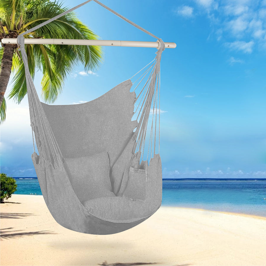 Large Hammock Chair Swing, Relax Hanging Rope Swing Chair with Detachable Metal Support Bar & Two Seat Cushions, Cotton Hammock Chair Swing Seat for Yard Bedroom Patio Porch Indoor Outdoor, B02