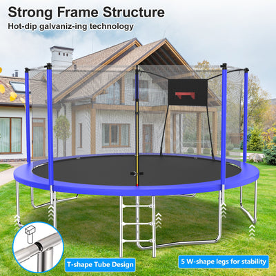 14ft Trampoline with Enclosure on Clearance, New Upgraded Kids Outdoor Trampoline with Basketball Hoop and Ladder, Heavy-Duty Round Outdoor Backyard Bounce Jumper Trampoline for Boys Girls