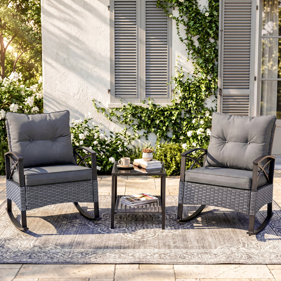 3 PCS Rocking Bistro Set, Outdoor Patio Porch Furniture Sectional Chairs with Tea Table, PE Rattan Patio Furniture Conversation Set for Lawn Pool Courtyard Garden Balcony