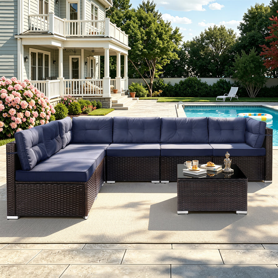 Patio Outdoor Furniture Sets, 7 Pieces All-Weather Rattan Sectional Sofa with Tea Table, Cushions & Pillow, PE Rattan Wicker Sofa Couch Conversation Set for Garden Backyard Poolside, B04
