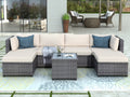 7 Piece Patio Furniture Set with 6 Rattan Wicker Chairs, Coffee Table and 2 Pillows, Outdoor Conversation Set with Beige Cushions for Backyard, Porch, Garden, Poolside, LLL4246