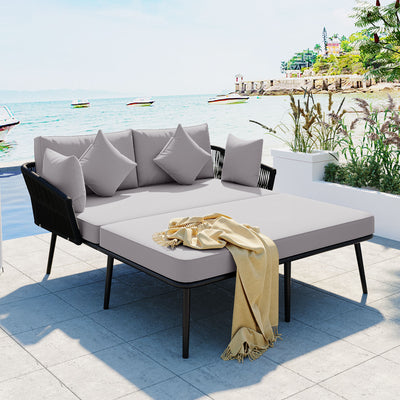SEGMART 2-Person Outdoor Patio Daybed, Sunbed Furniture with 4 Pillow and 2 Backrest Cushion, Outdoor Lounge Chairs, Woven Nylon Rope Backrest for Balcony, Poolside, Lawn, Garden