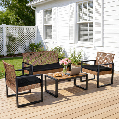 Segmart 4 Piece Patio Conversation Set, PE Rattan Patio Furniture Set with Coffee Table, All-Weather Outdoor Sofa Set with Cushion for Porch, Backyard, Balcony - Light Brown