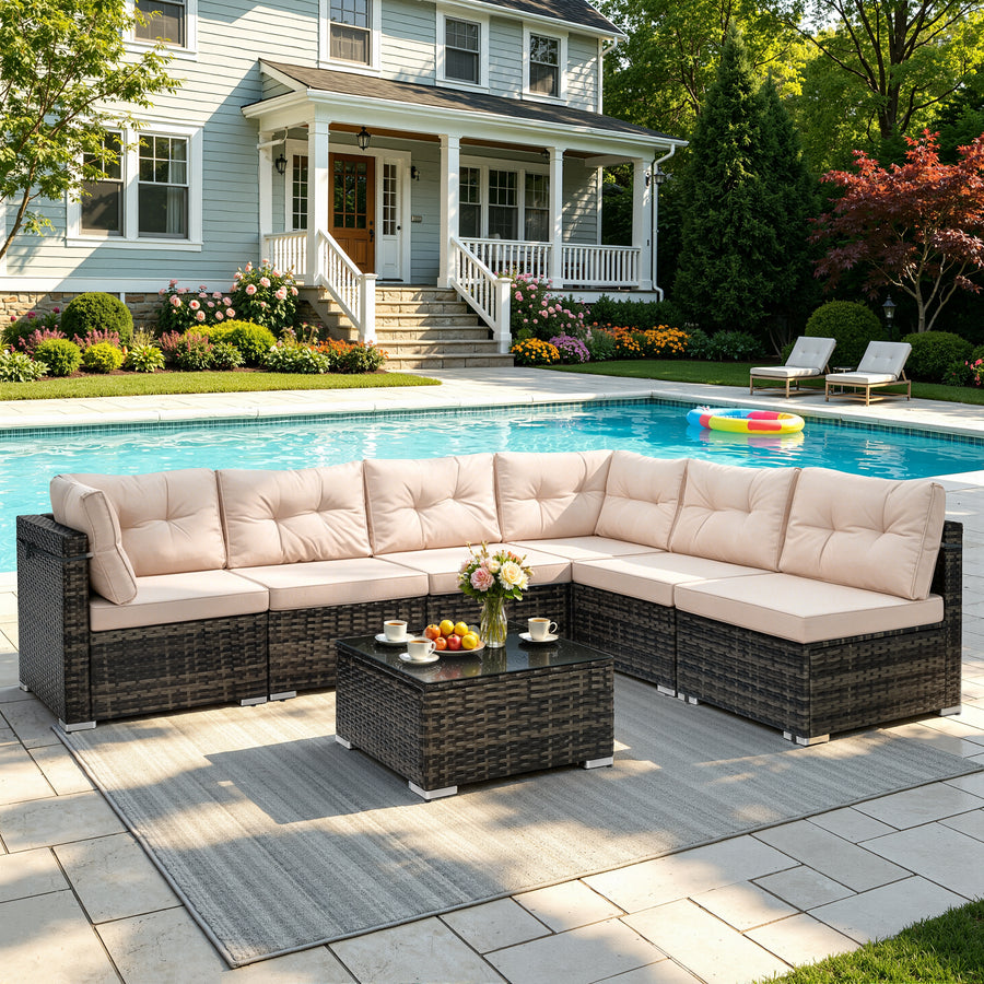 Patio Outdoor Furniture Sets, 7 Pieces All-Weather Rattan Sectional Sofa with Tea Table, Cushions & Pillow, PE Rattan Wicker Sofa Couch Conversation Set for Garden Backyard Poolside, B04