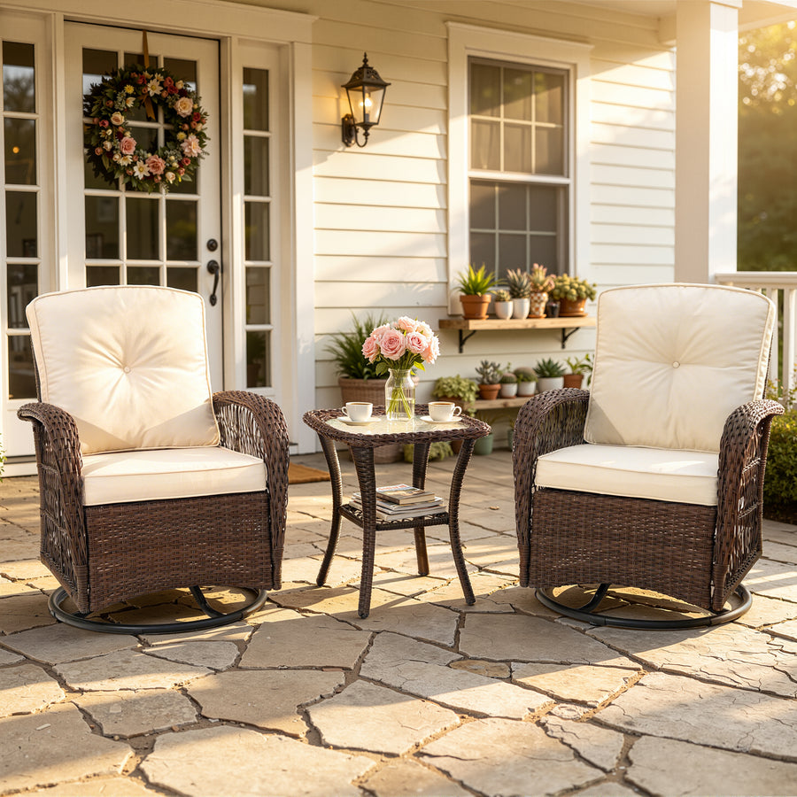 SEGMART 3 PCS Patio Swivel Rocker Set, PE Rattan Swivel Bistro Table Set, Outdoor Conversation Set with Glass Tabletop and Cushions for Balcony Patio Deck Poolside