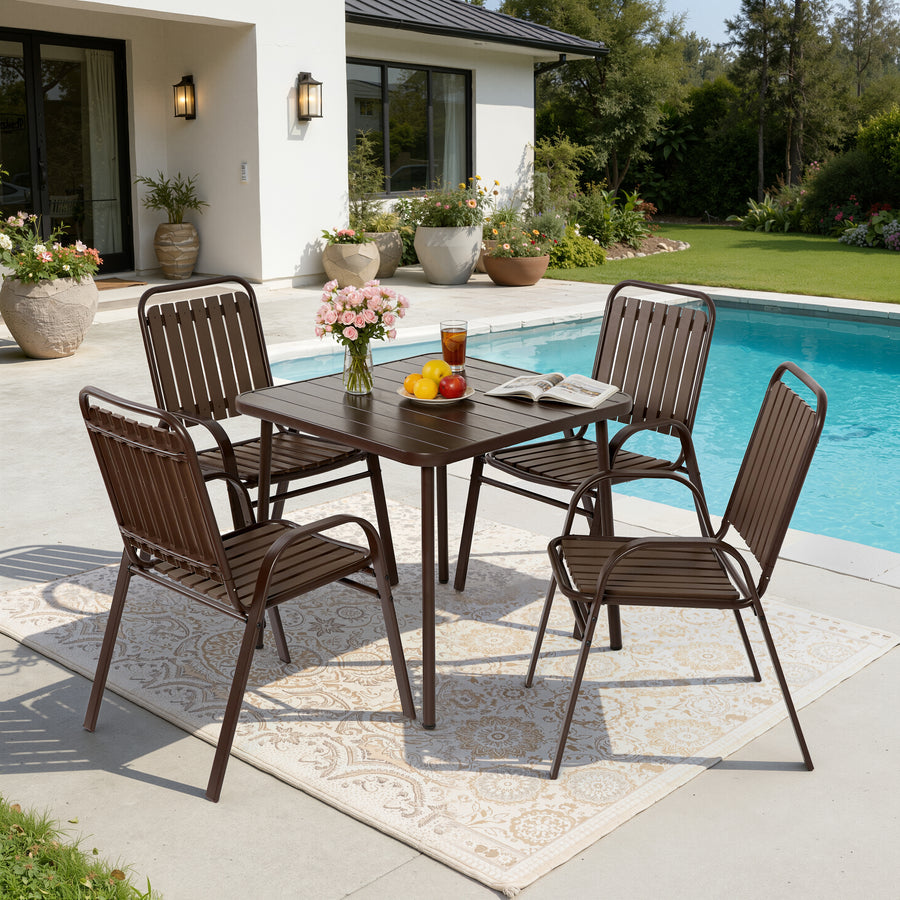 5 Piece Outdoor Dining Set, Patio Furniture Set with 4 Armrest Chairs and Steel Slat Table, All-Weather Conversation Set for Patio, Backyard, Deck, Poolside - Brown