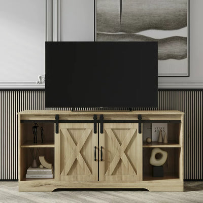 TV Console Entertainment Center with 2 Cable Management, Traditional Wood TV Stands Console for TVs up to 65", Modern Farmhouse TV Stand with Side Cabinets for Living Room, Oak, S808