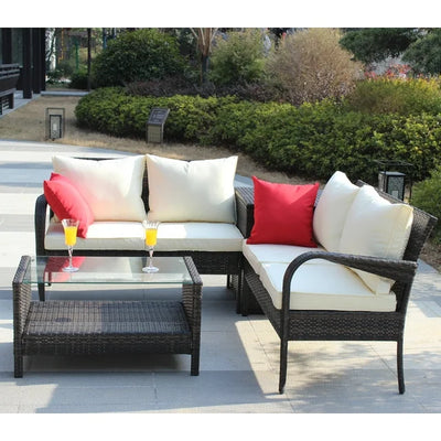 4 Piece Patio Furniture Set, All-Weather Outdoor Sectional Sofa Set, PE Rattan Conversation Set with Storage Box, Table & Cushions, Wicker Furniture Couch Set for Patio Deck Garden Poolside Yard, B862