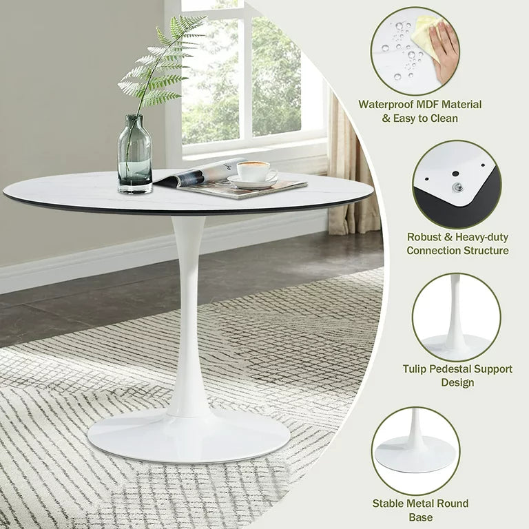 Modern White Dining Table, Breakfast Nook Dining Table, Mid Century Coffee Tea Table, Leisure Living Room Bistro Bar Table, Tulip Round Table for Small Space Dining Room Cafe Bar, Easy Assembly, K2045