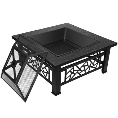 Segmart Fire Pit for Outside, 32" Wood Burning Square Fire Pits Table with Poker for Outdoor Backyard BBQ Heating, Black
