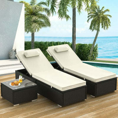 SEGMART 3 Pieces Outdoor Rattan Wicker Lounge Chairs Set, Adjustable Reclining Backrest Lounger Chairs and Table, Modern Rattan Chaise Chairs with Table & Cushions, Chaise Lounge for Pool, Yard, Deck